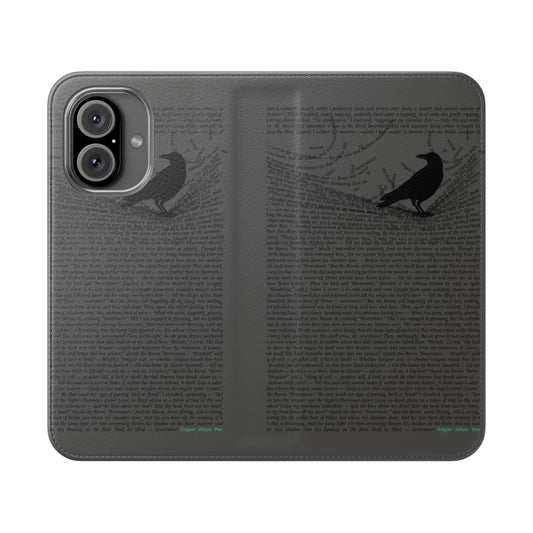 Image of a flip cover phone case featuring the iconic raven from Edgar Allan Poe's poem "The Raven"