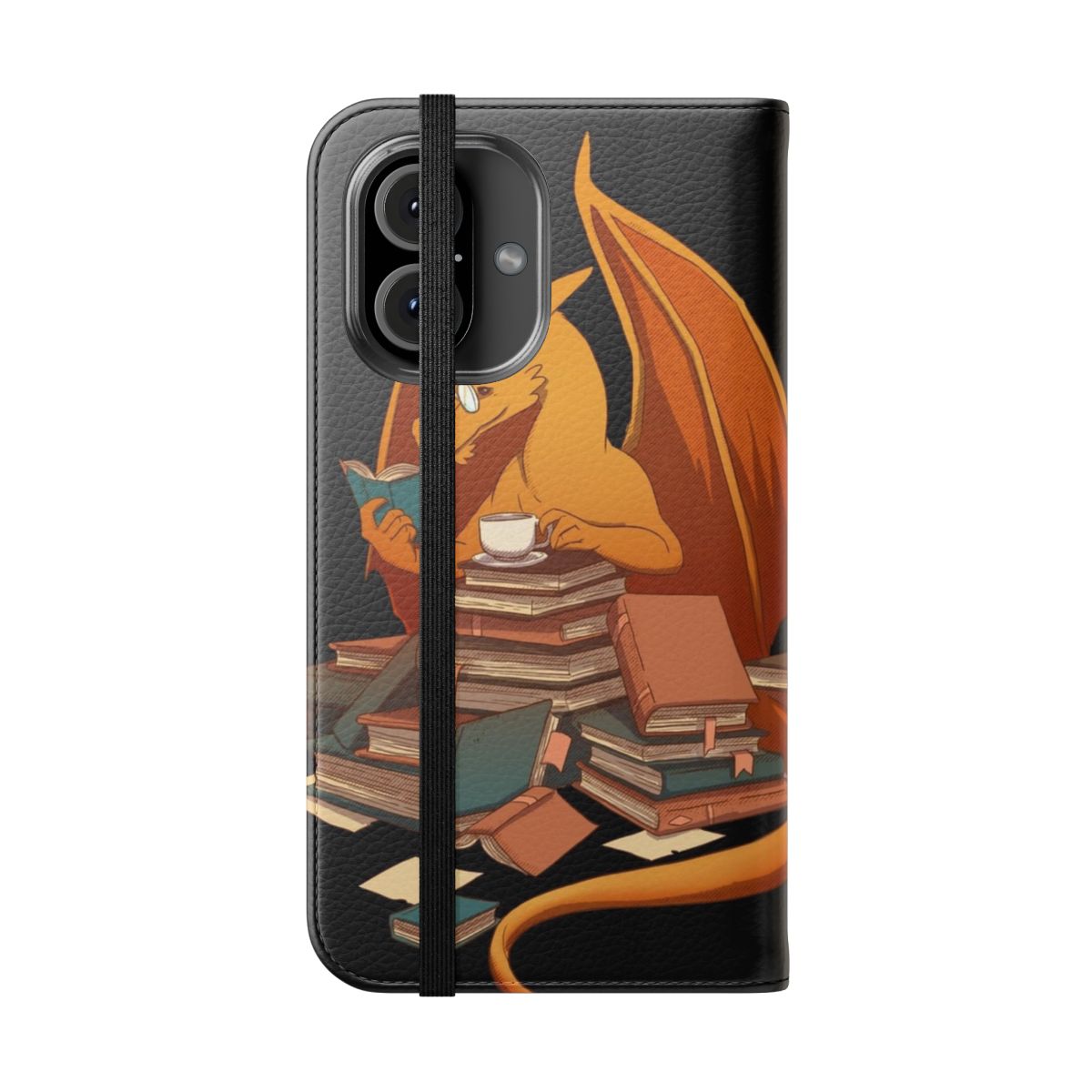 A fantasy-inspired flip cover phone case featuring a dragon and books, perfect for book lovers. - Folded Front