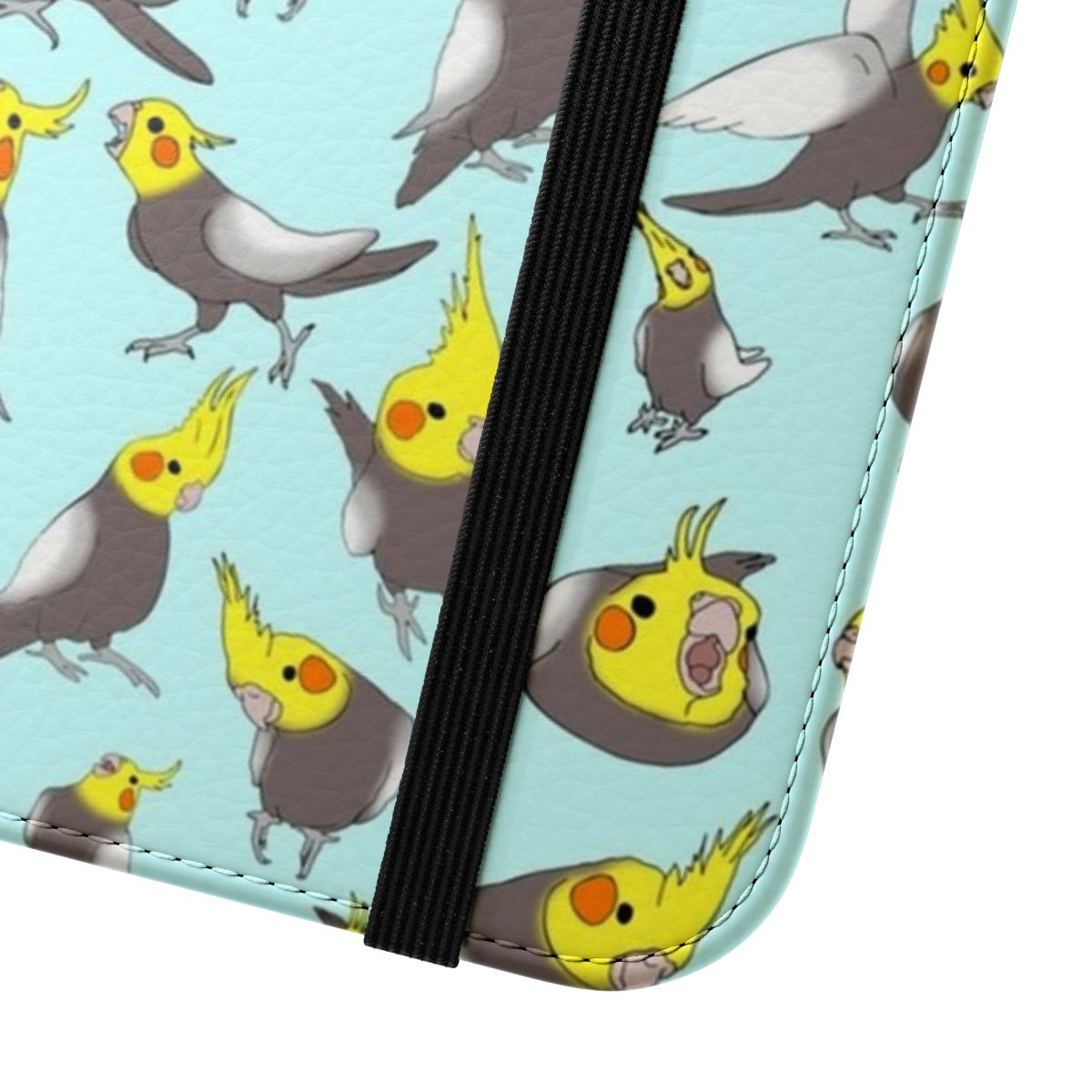 Colorful cockatiel doodle pattern on a phone case - Close Up