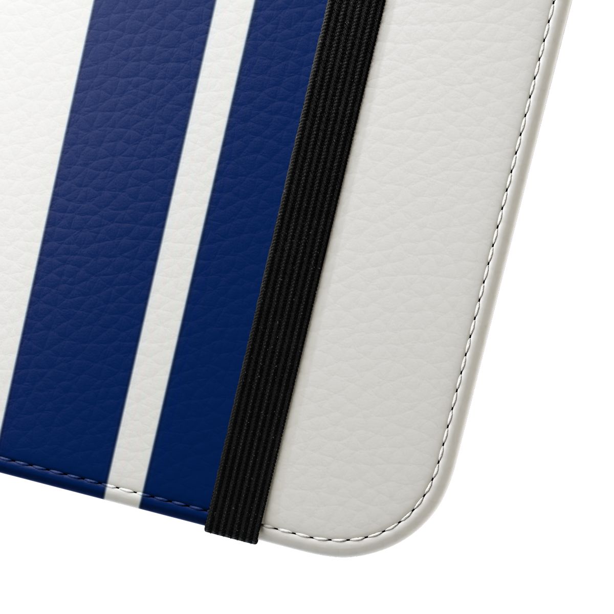 Blue and white racing stripes pattern on a flip cover phone case, perfect for muscle car fans. - Close Up