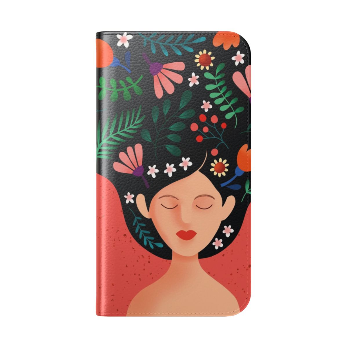 A vibrant and colorful flip cover phone case featuring abstract floral and typography design, promoting mindfulness and self-love. - Folded Back