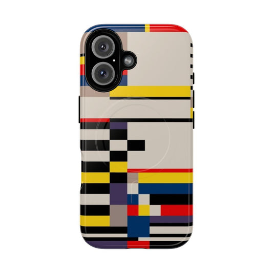 Asymmetric phone case with Bauhaus-inspired geometric design in primary colors