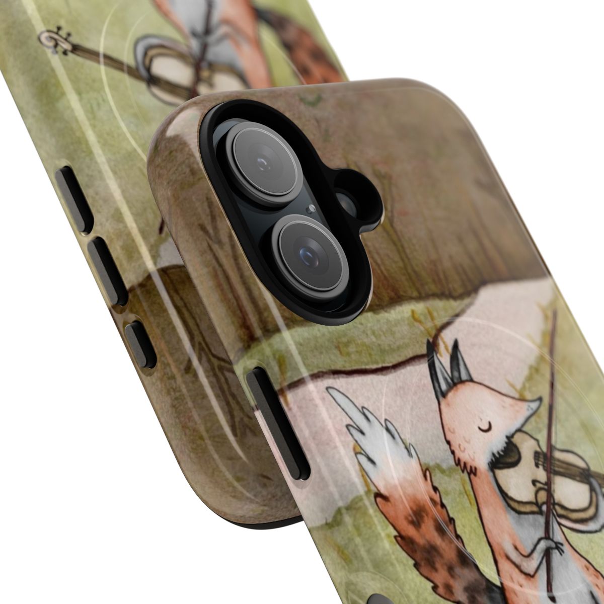 A protective phone case featuring a cute fox playing a violin, designed for music and animal lovers. - Detail