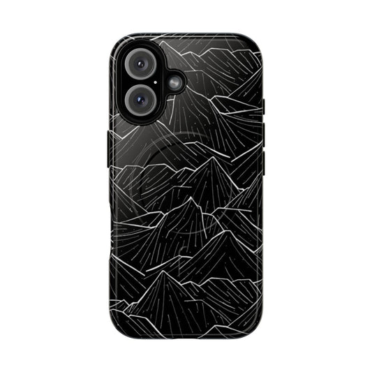 A minimalist phone case featuring a black and white mountain landscape design.