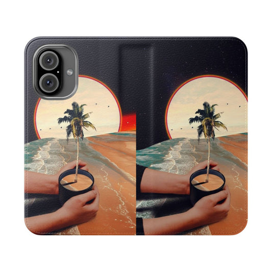 A colorful and surreal flip phone case featuring a collage of summer elements like sun, tree, and cup.