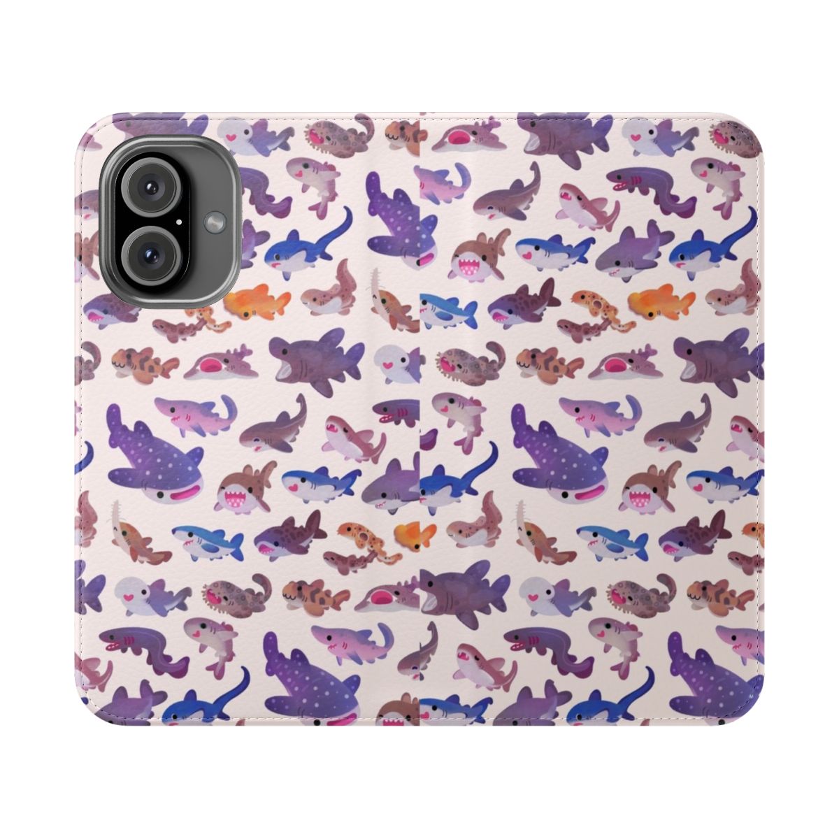 Pastel colored flip cover phone case with a shark design