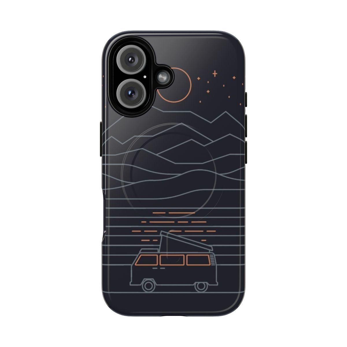 Minimalist van life-themed magnetic tough phone case with graphic line art design