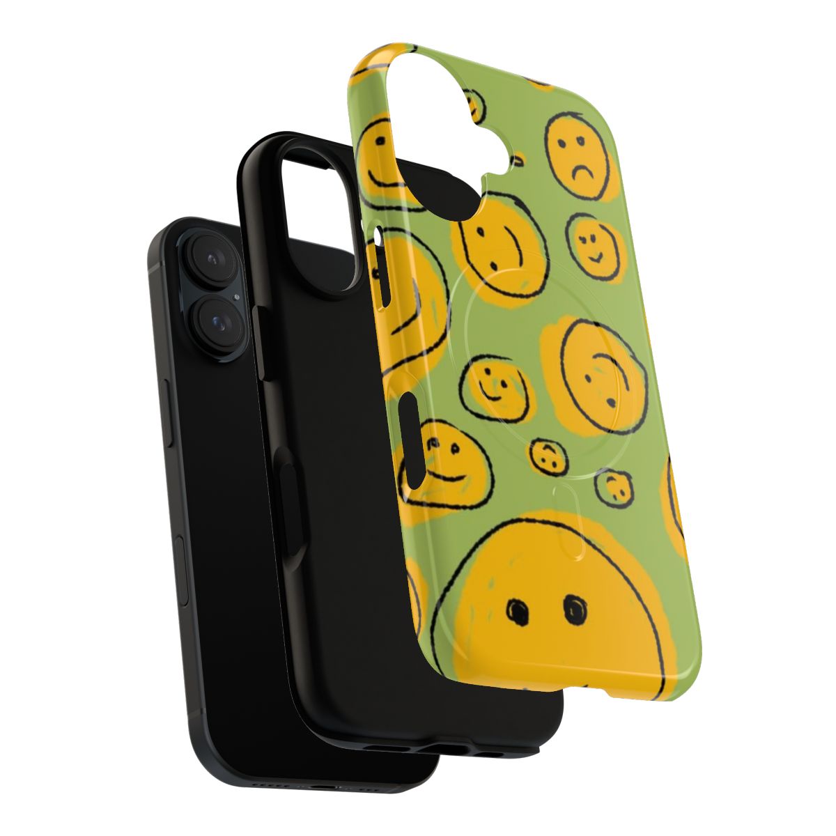 Vibrant yellow phone case with happy and sad smiley face design - Layers