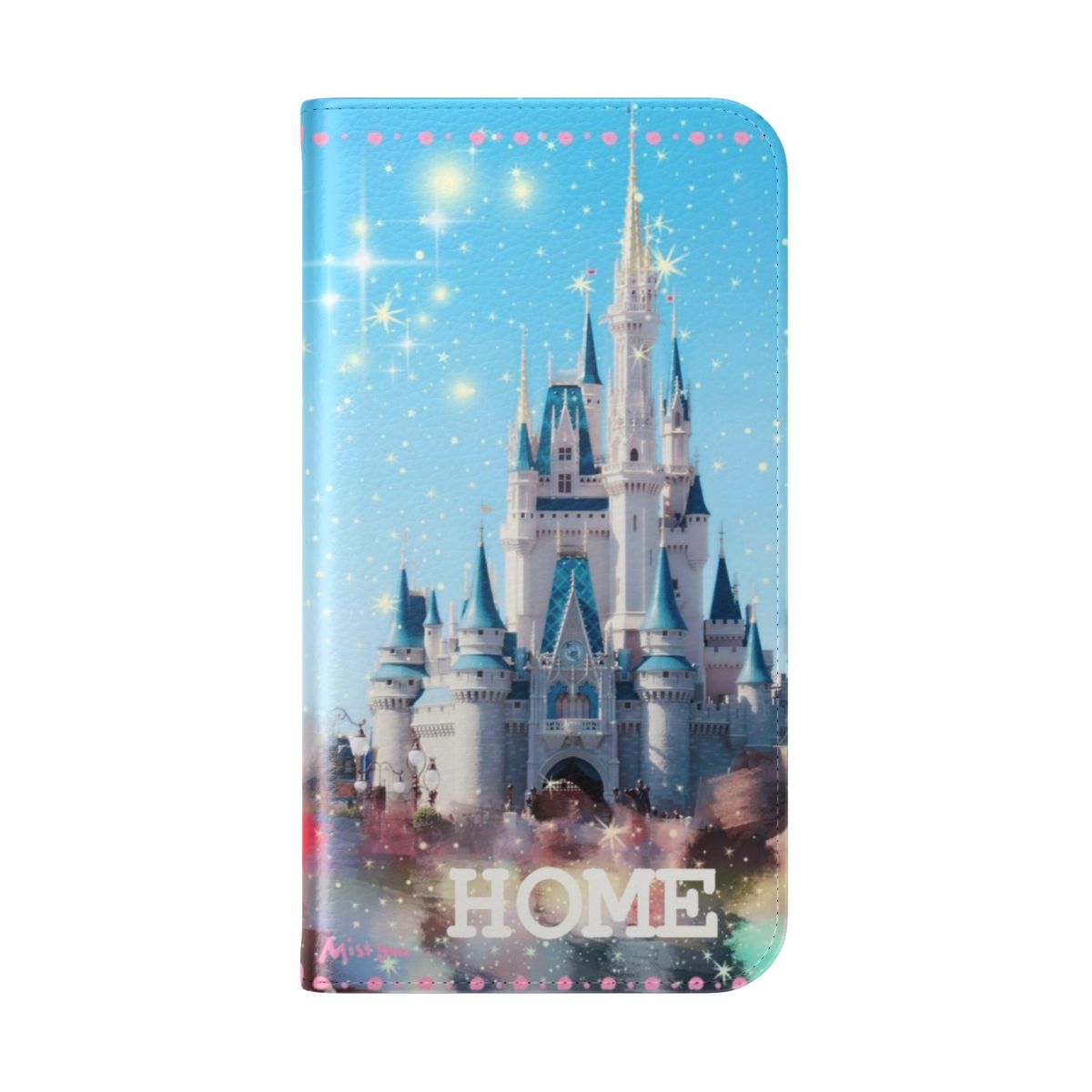 Flip cover phone case featuring a picturesque Disney castle design - Folded Back