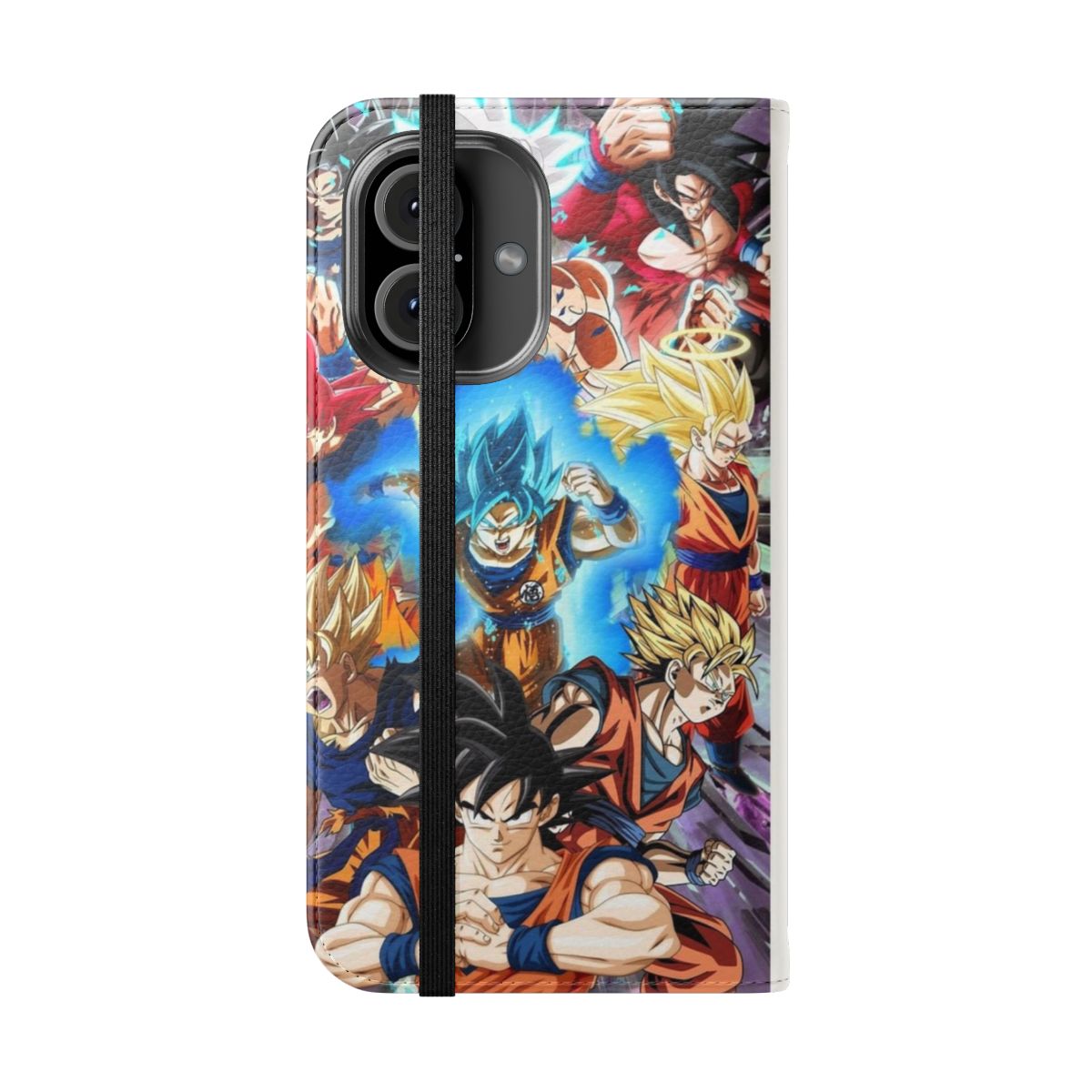 Flip phone case featuring illustrations of Goku's various transformations from the Dragon Ball anime and manga series. - Folded Front