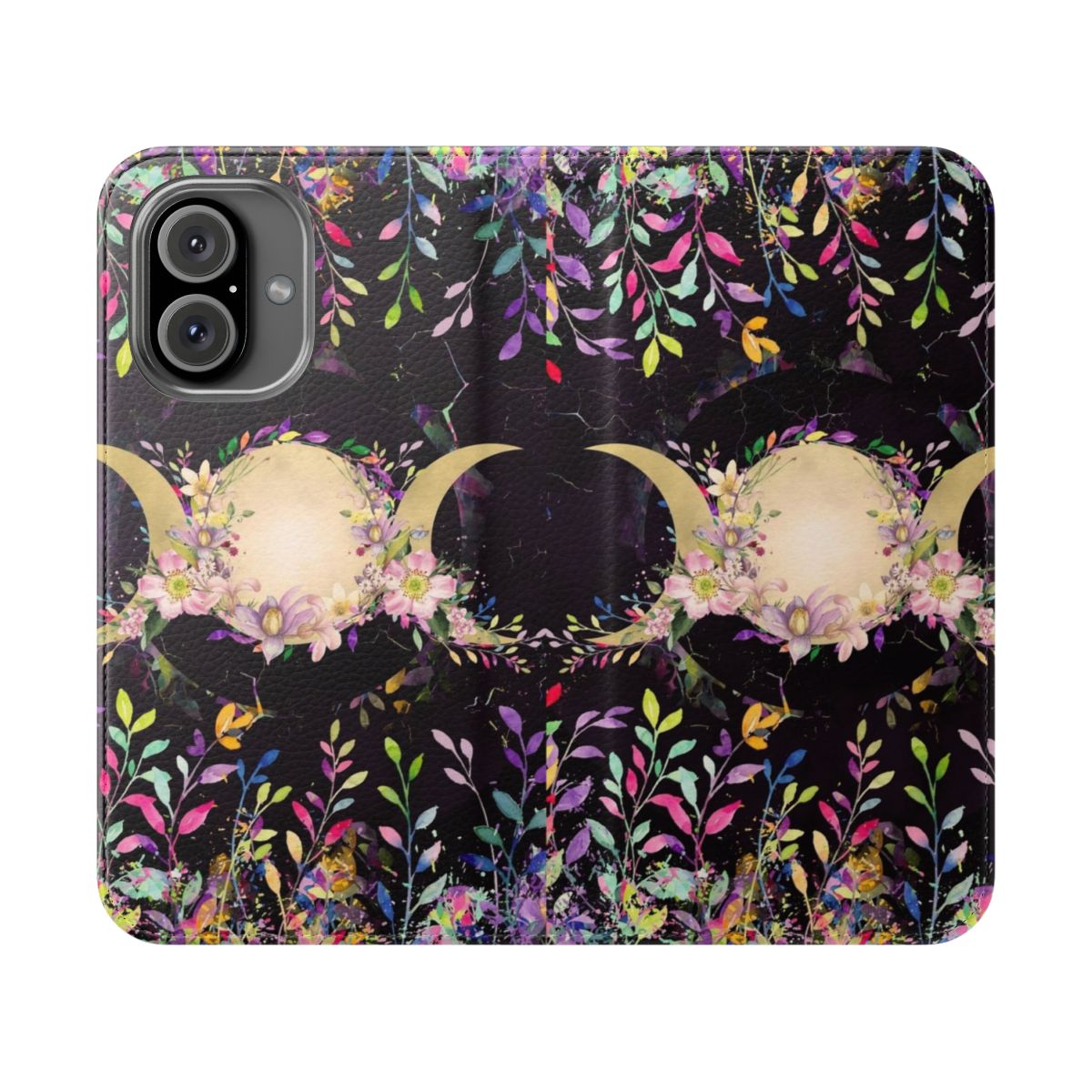 Watercolor illustration of the Triple Goddess symbol on a phone case.