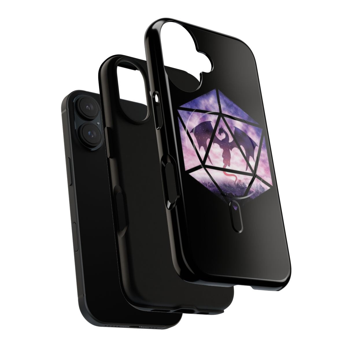 A phone case featuring a purple dragon-themed d20 dice design, perfect for tabletop role-playing game enthusiasts. - Layers