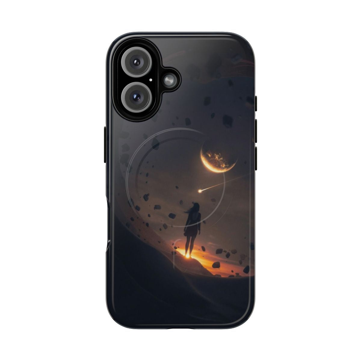 Magnetic tough phone case with a surreal space and asteroid design, featuring a woman's silhouette and shooting stars.