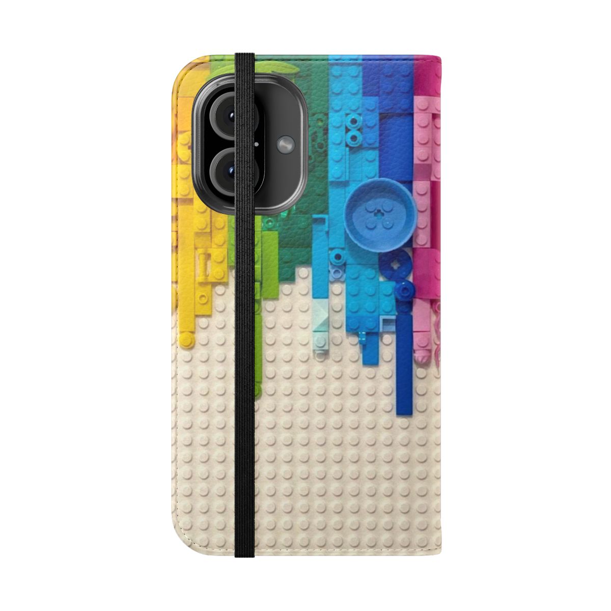 A vibrant flip phone case featuring Lego-inspired neon graphics and x-ray skeleton designs. - Folded Front