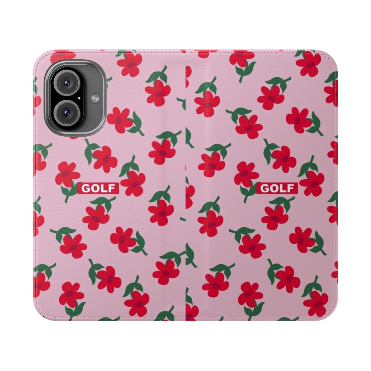 Floral-patterned phone case with "GOLF" text, inspired by Tyler the Creator's Golf Le Fleur brand