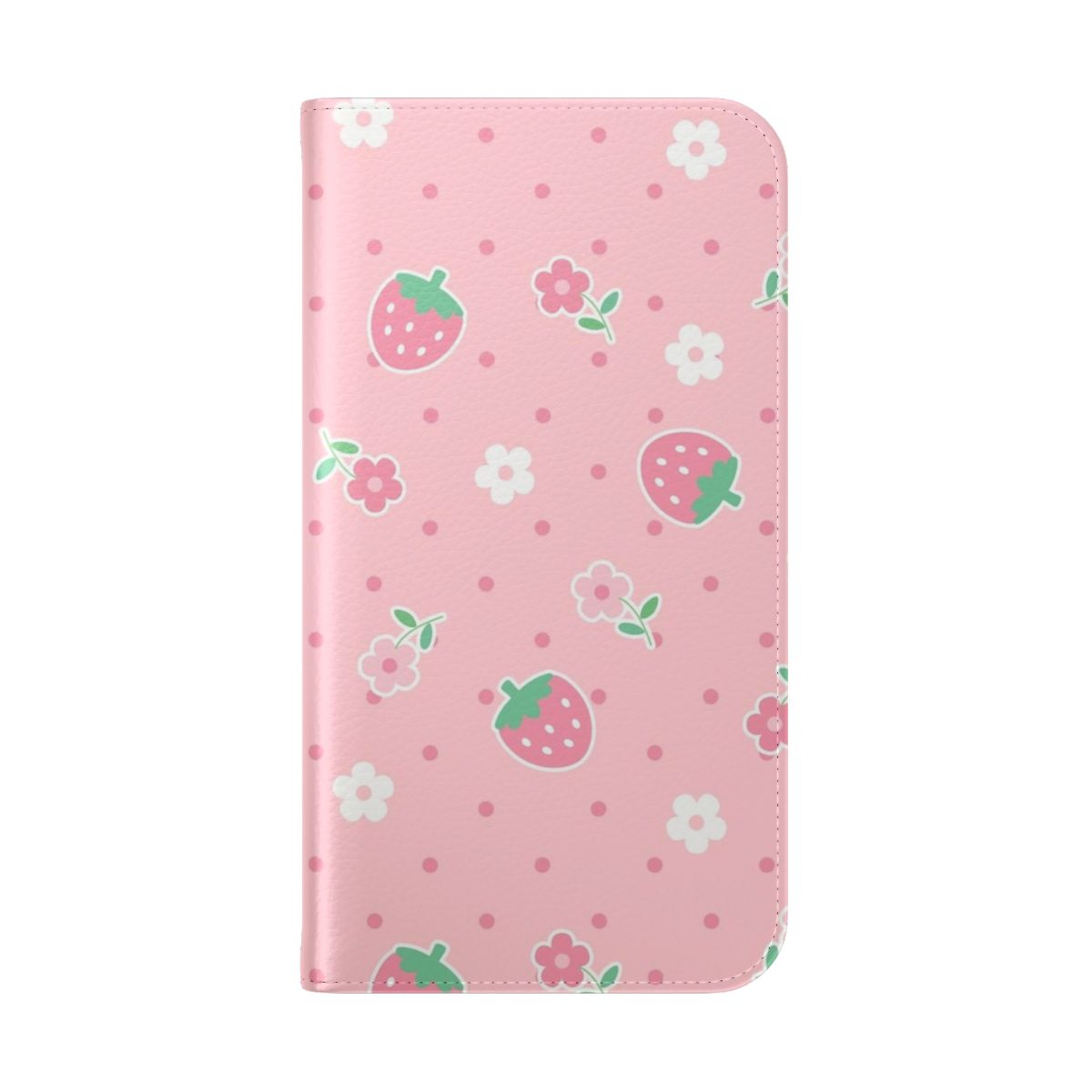 A pastel pink phone case with strawberries, flowers, and dot patterns in a cute, kawaii style. - Folded Back