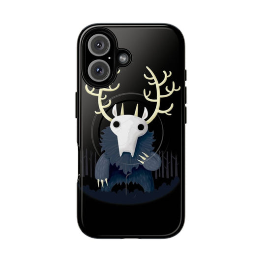 A phone case featuring a cute and spooky wendigo, a mythical creature from the woods.