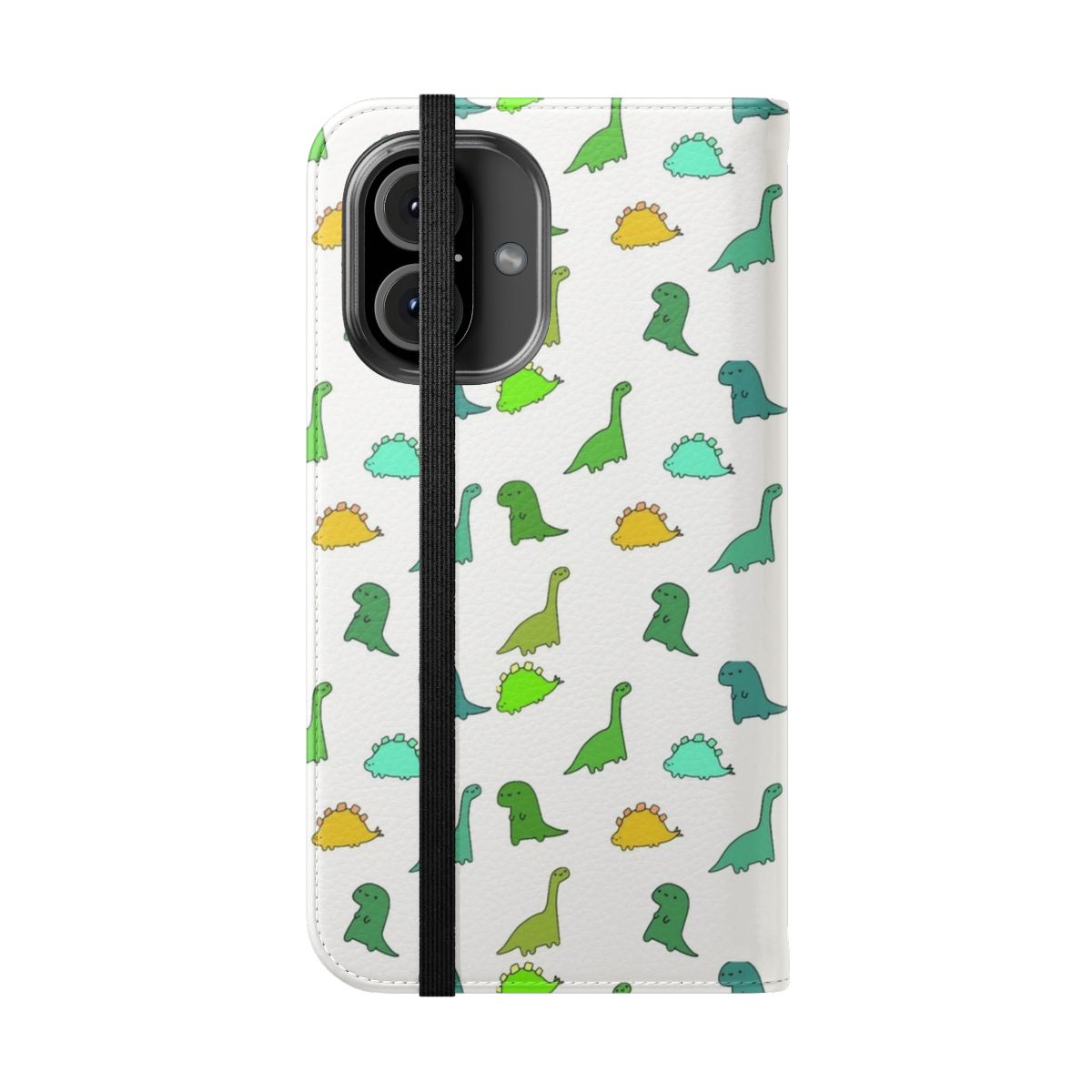 Colorful dinosaur-patterned flip phone case for mobile devices - Folded Front