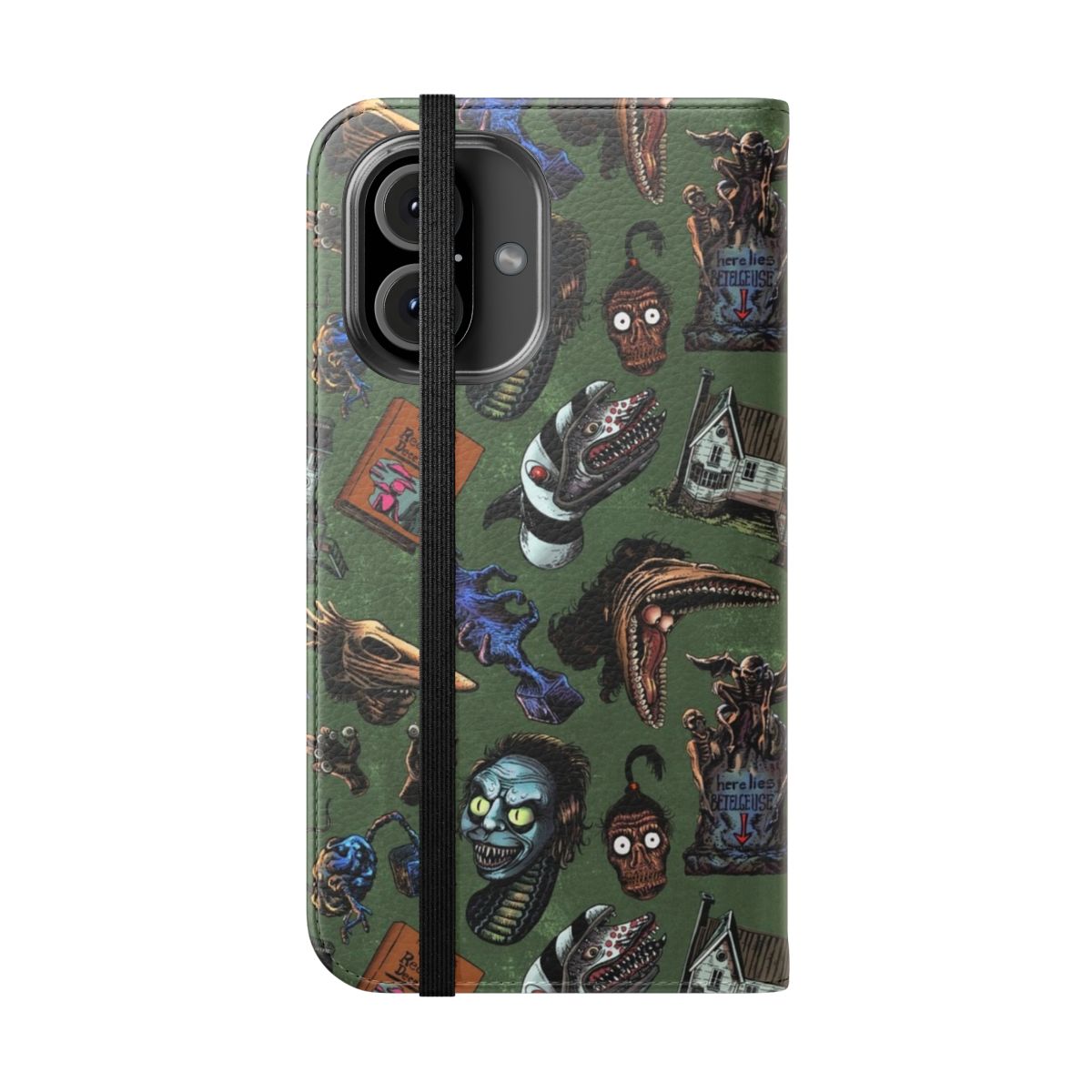 A green flip cover phone case featuring a seamless pattern inspired by the movie Beetlejuice. - Folded Front