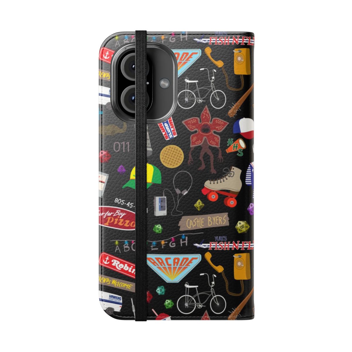 A Stranger Things themed flip cover phone case with an assortment of patterns and designs from the popular Netflix series. - Folded Front