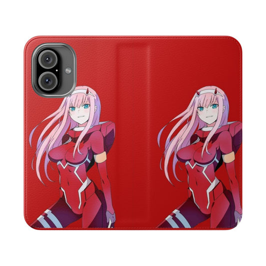 Anime-inspired flip cover phone case featuring the character Zero Two from the anime series Darling in the Franxx