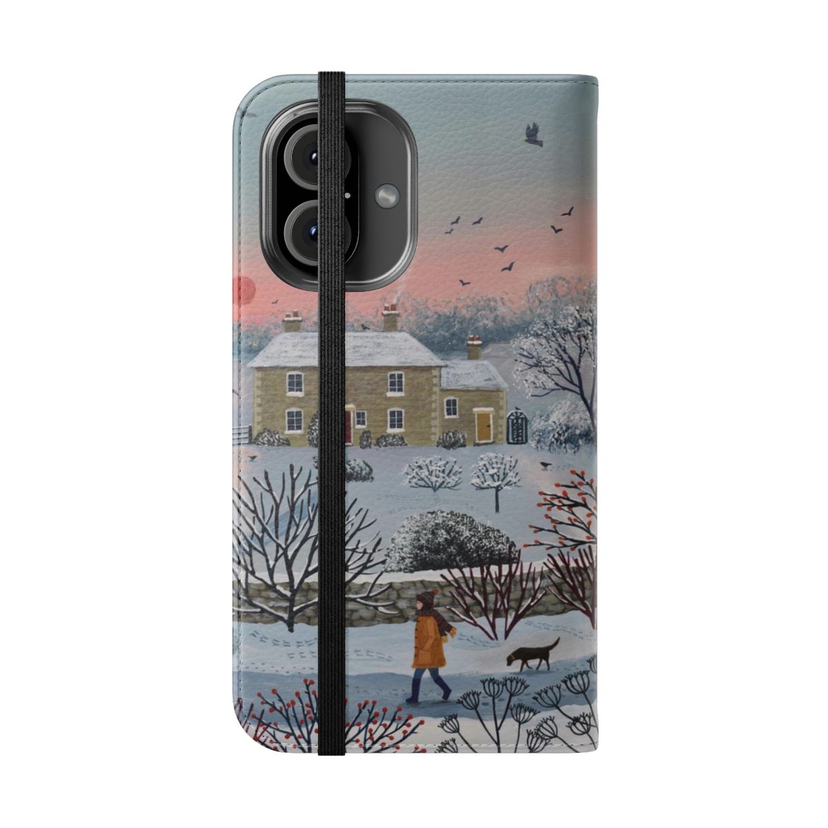 Flip cover phone case featuring a winter landscape with snow, dogs, and a cottage at sunset - Folded Front