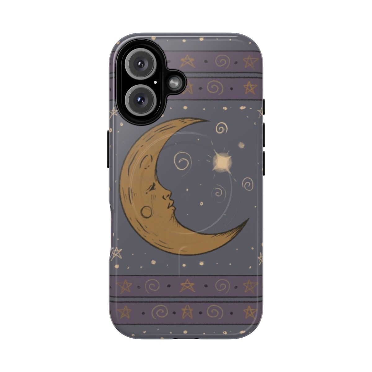 Whimsical gothic-inspired phone case with moon, stars, and fantasy elements