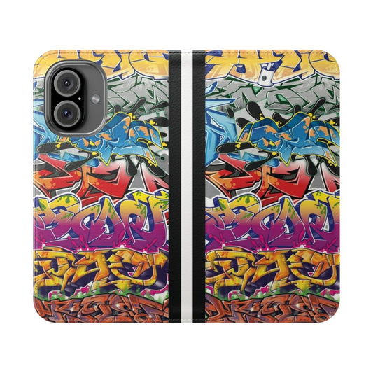 Colorful graffiti-inspired montage design on a flip cover phone case