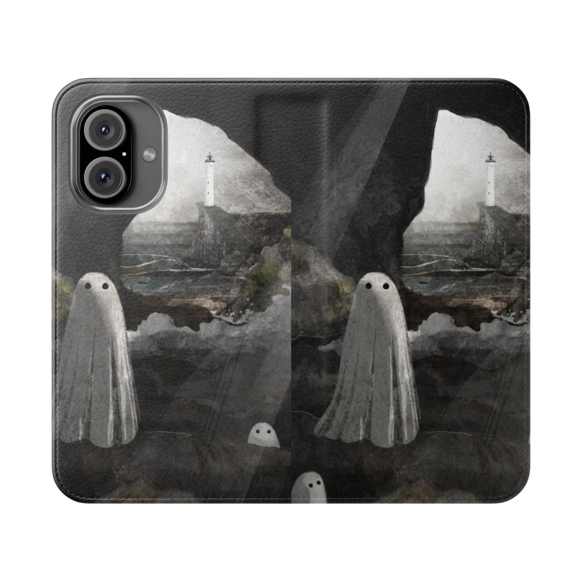 Haunting phone case with a coastal landscape design featuring a lighthouse, rocks, and a stormy ocean background.