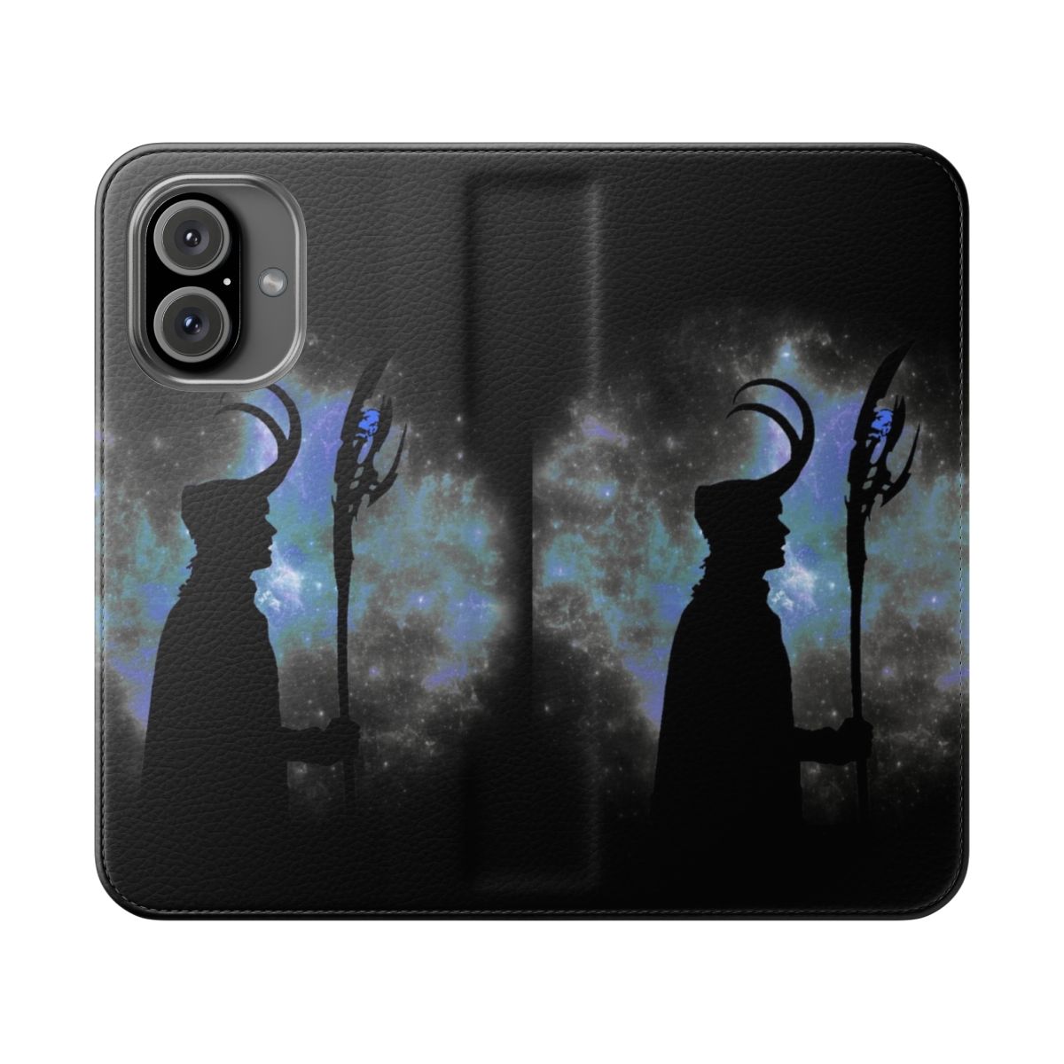 Vibrant Loki-themed flip cover phone case with silhouette design