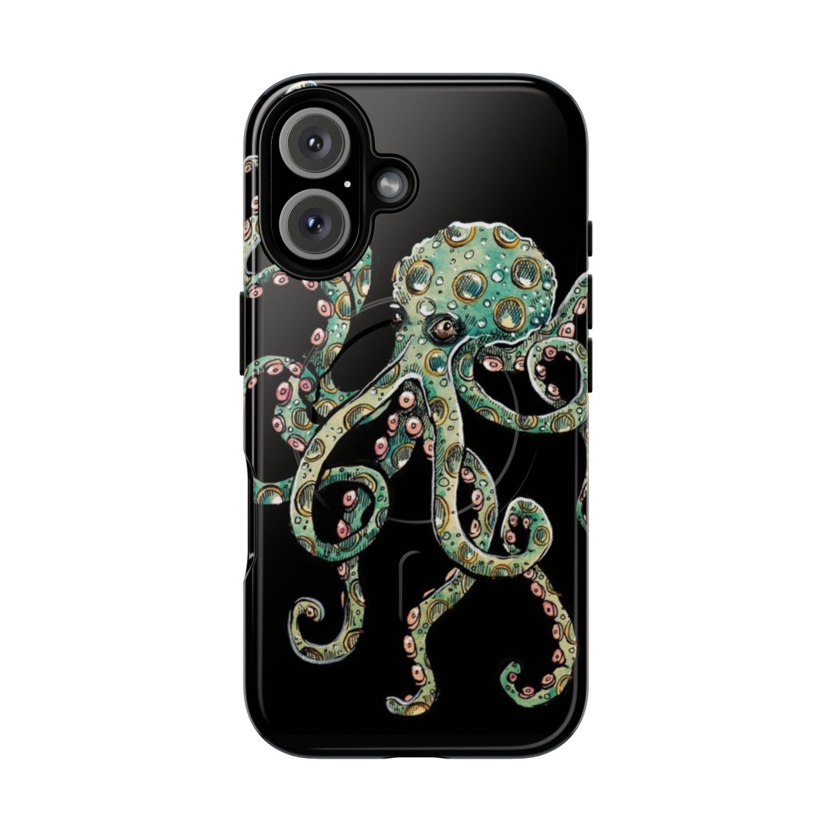 A green octopus with tentacles in a steampunk-inspired watercolor design on a phone case