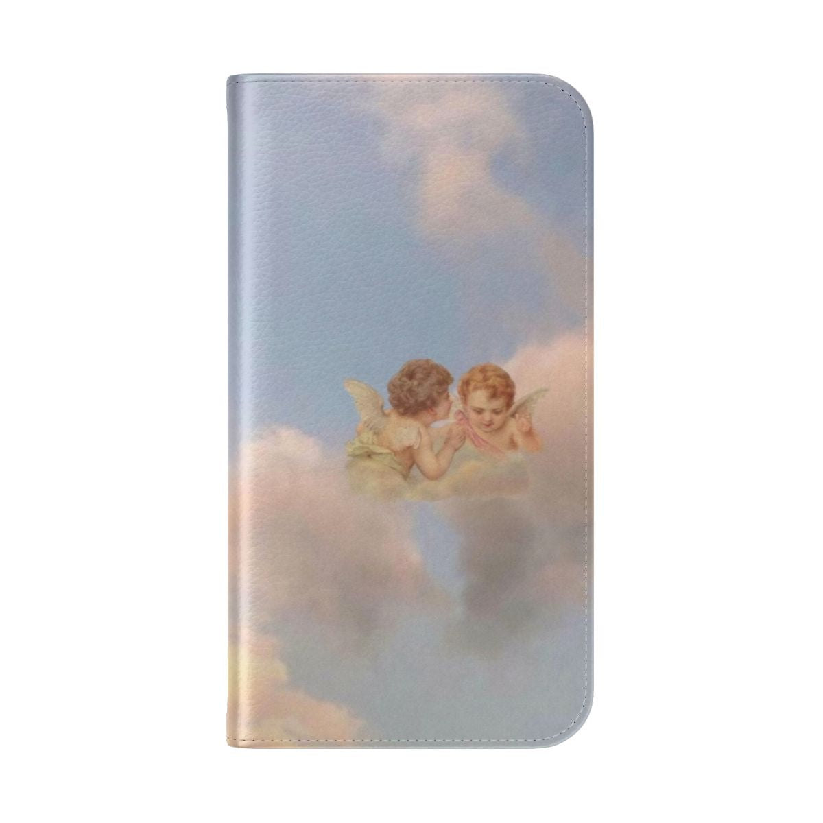 Flip cover phone case featuring a design with renaissance-style cherubs and angels in a sky background. - Folded Back