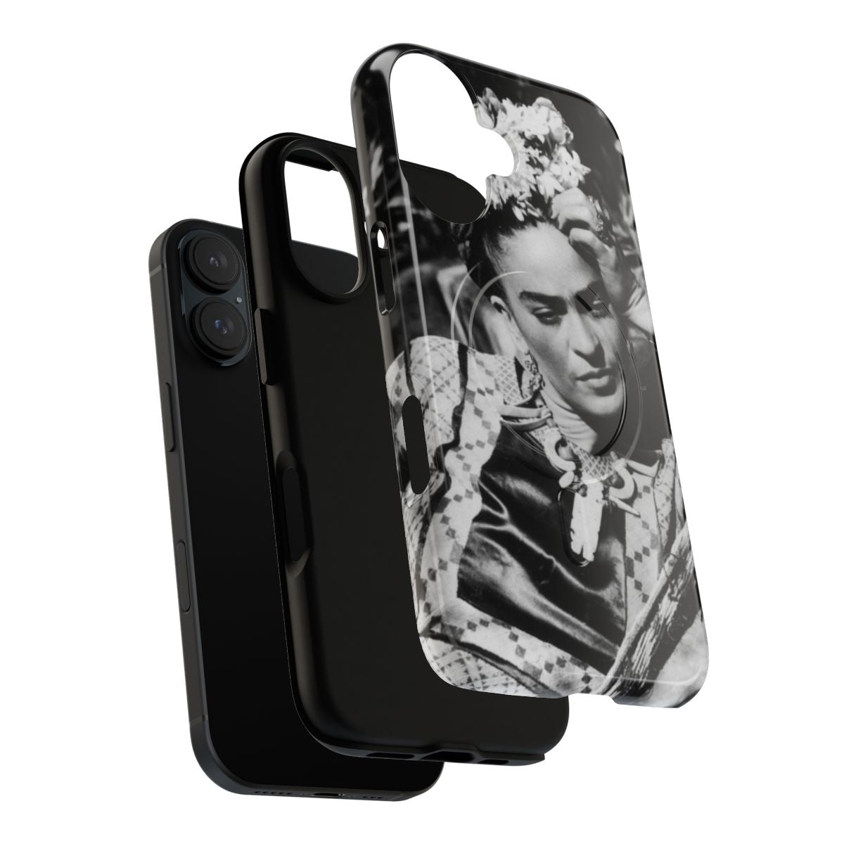 Artistic phone case featuring a portrait of Mexican artist Frida Kahlo with flowers - Layers