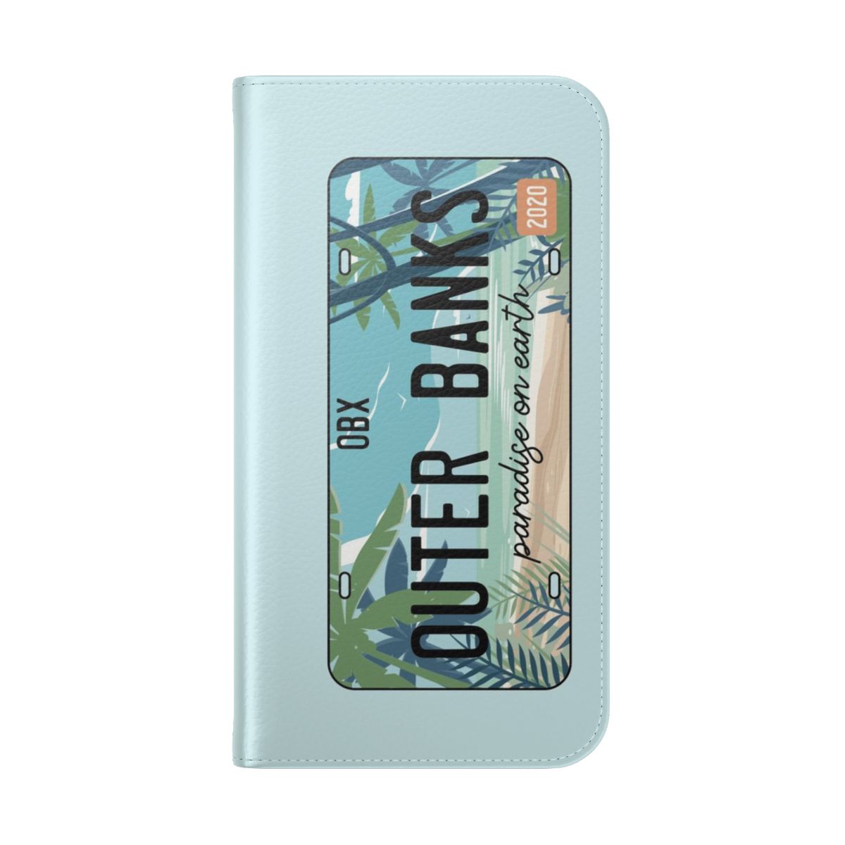 Outer Banks-Inspired Beach Flip Phone Case Cover with Palm Trees and Beach Scenery - Folded Back