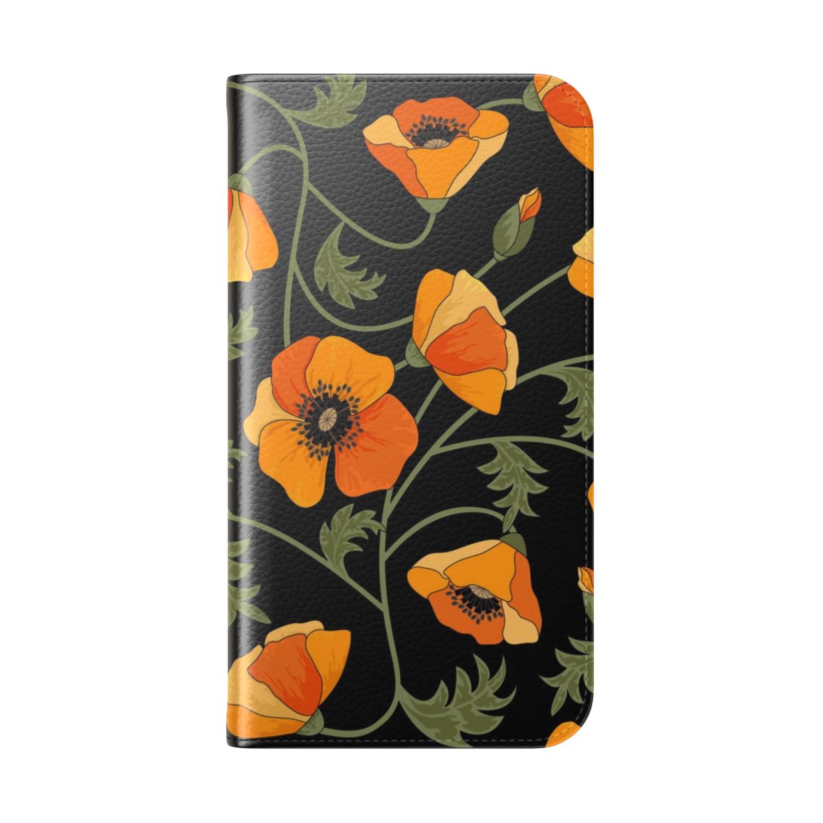 Stylish phone case featuring a vibrant floral pattern of yellow California poppies against a black background. - Folded Back