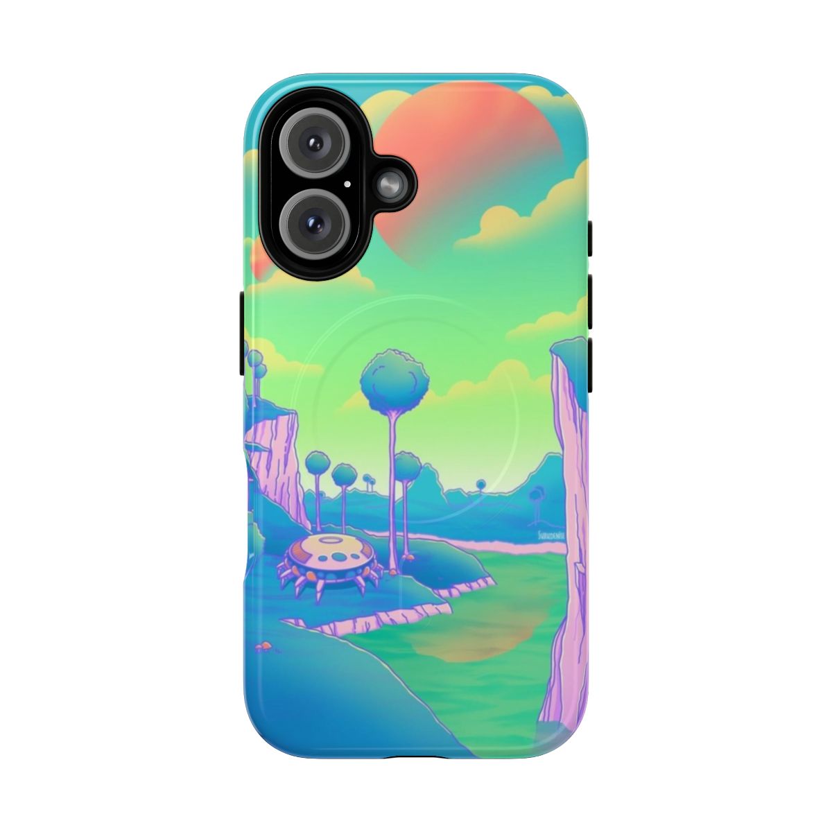 Vaporwave-themed phone case with Planet Namek, Shenron, and other Dragon Ball elements