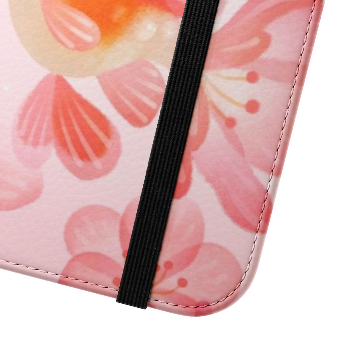 Vibrant cherry blossom and goldfish design on a flip cover phone case - Close Up