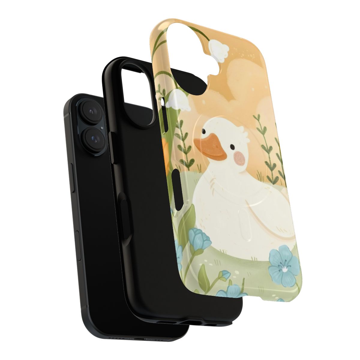 Artistic duck and flower design on a durable, protective magnetic phone case - Layers