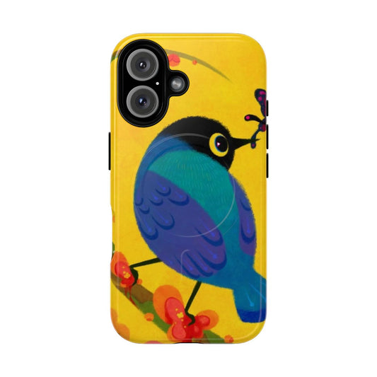 Nature-themed magnetic tough phone case with a superb starling, butterfly, and other insects