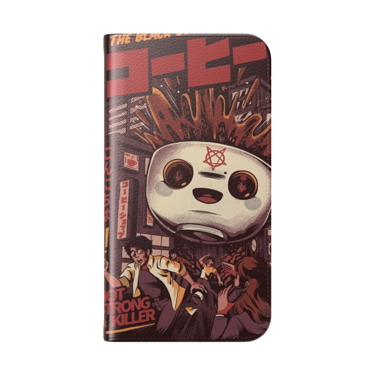 Artistic flip cover phone case featuring a surreal, pop art inspired design with a black magic coffee creature - Folded Back