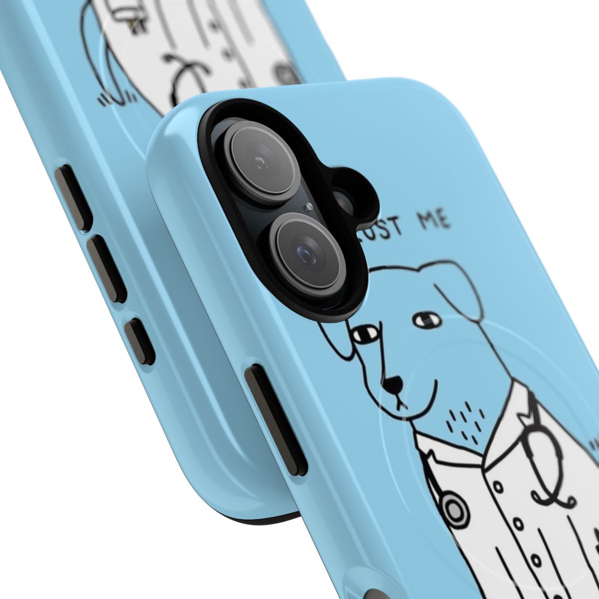 Magnetic tough phone case with a cute dog wearing a stethoscope and the text "Dogtor" - Detail