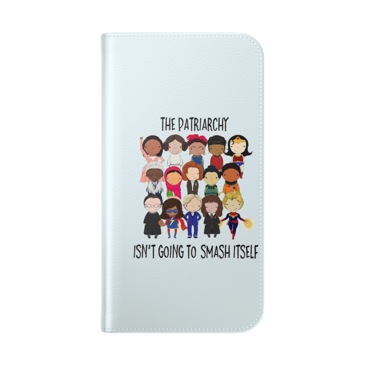 Flip phone case with "Smash the Patriarchy" design, featuring images of influential women. - Folded Back