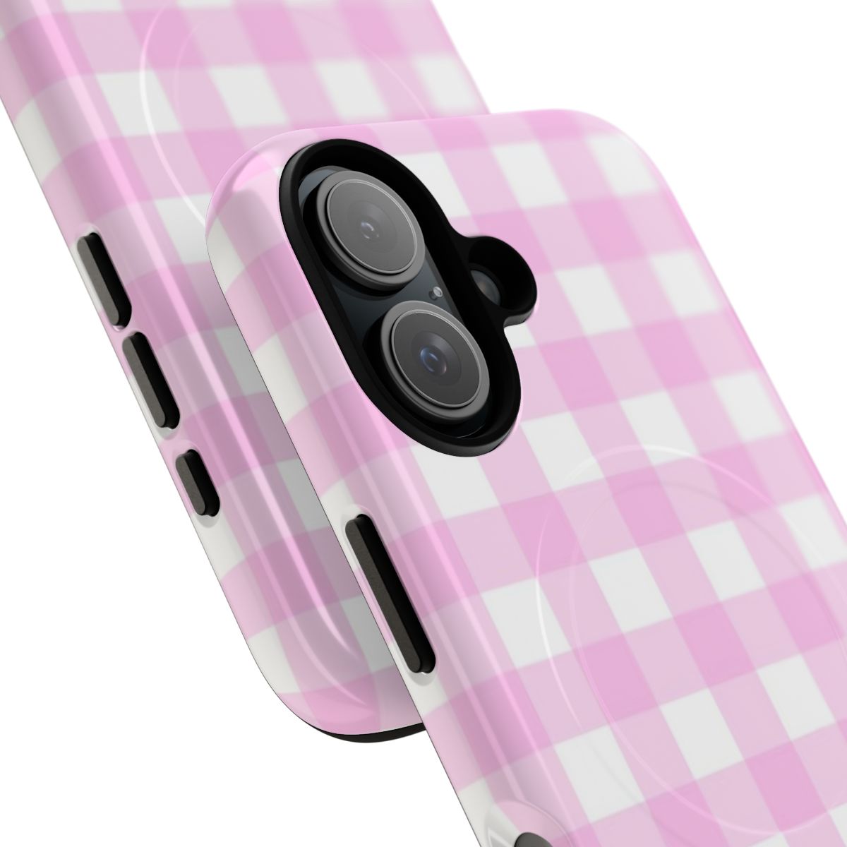 A stylish pink gingham patterned magnetic phone case with a classic preppy design. - Detail