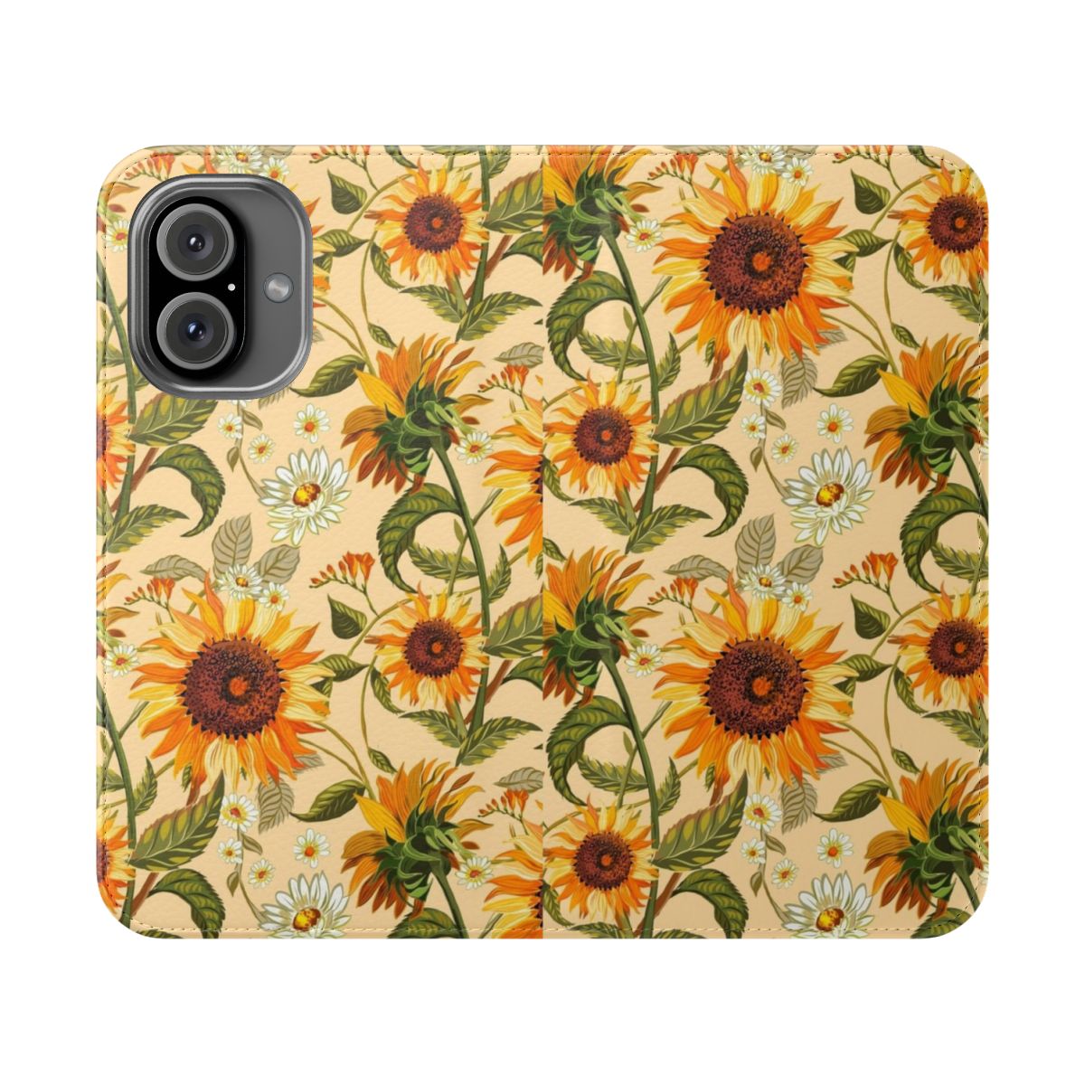 Colorful sunflower phone case with a retro 70s vintage floral pattern in yellow and orange hues