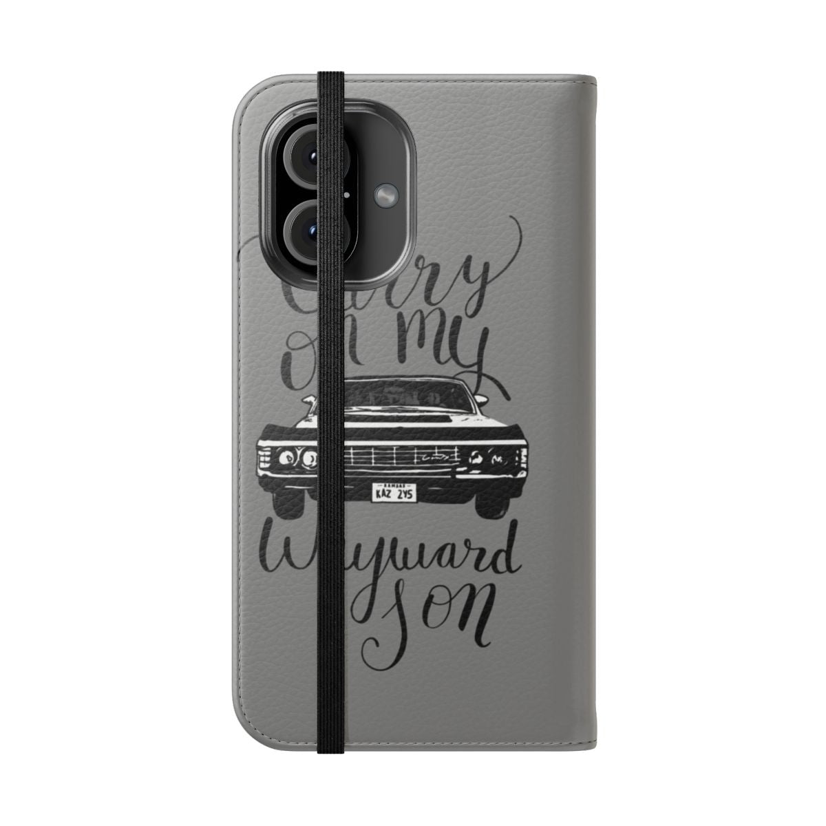 Supernatural-inspired flip phone case featuring the lyrics "Carry On My Wayward Son" - Folded Front