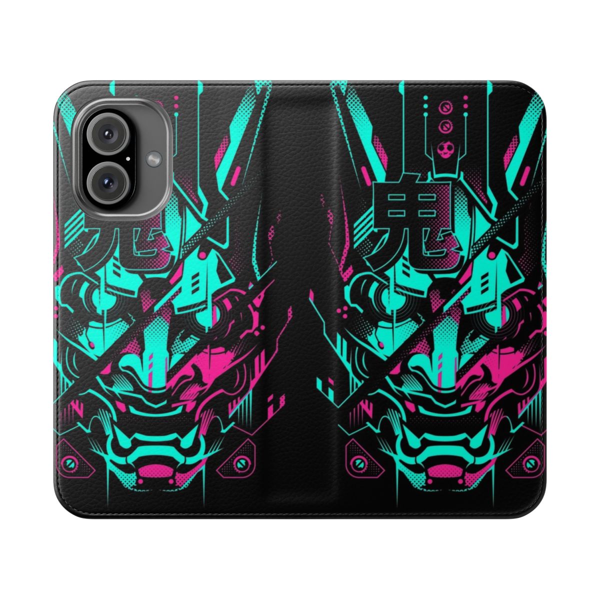 Cyberpunk-inspired phone case cover with neon glitch and oni demon design