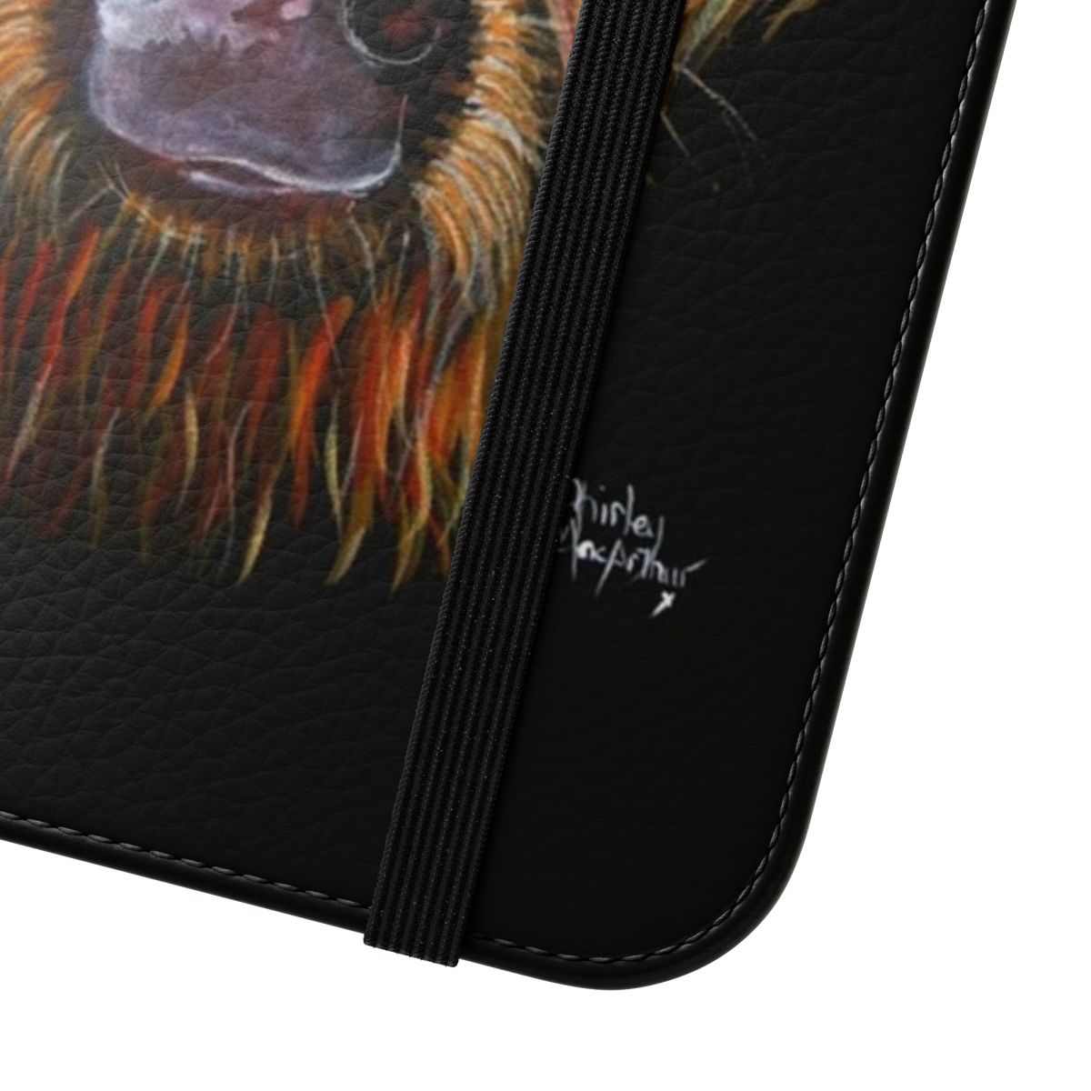 Colorful illustration of a friendly Scottish Highland cow named "Henry" on a flip cover phone case - Close Up