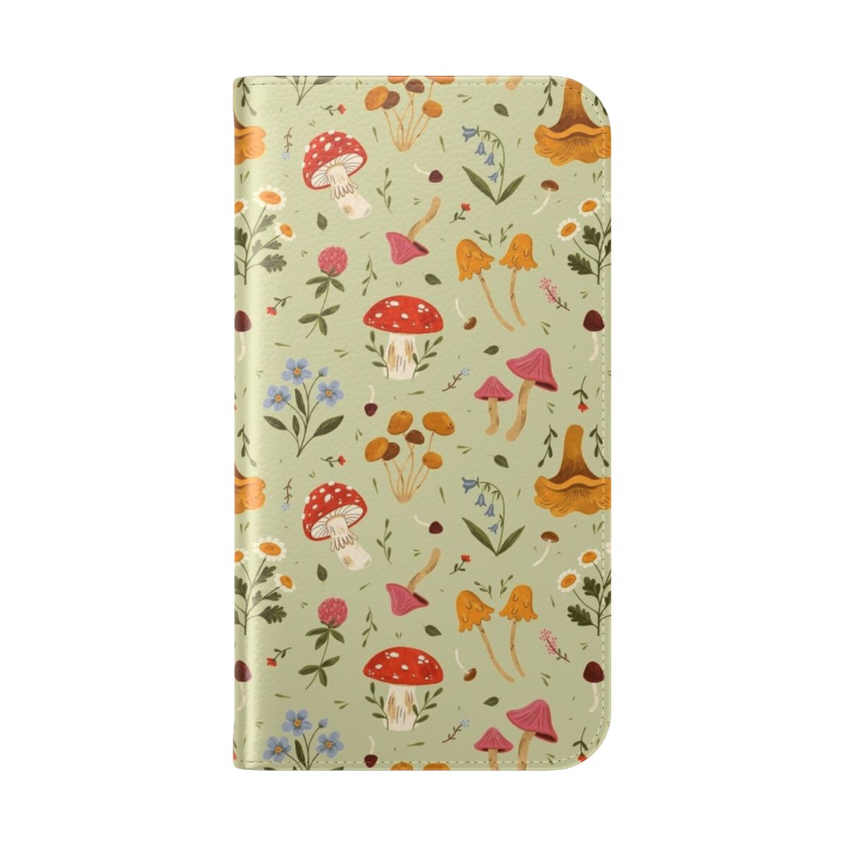 Flip cover phone case featuring a botanical design with mushrooms and wildflowers - Folded Back