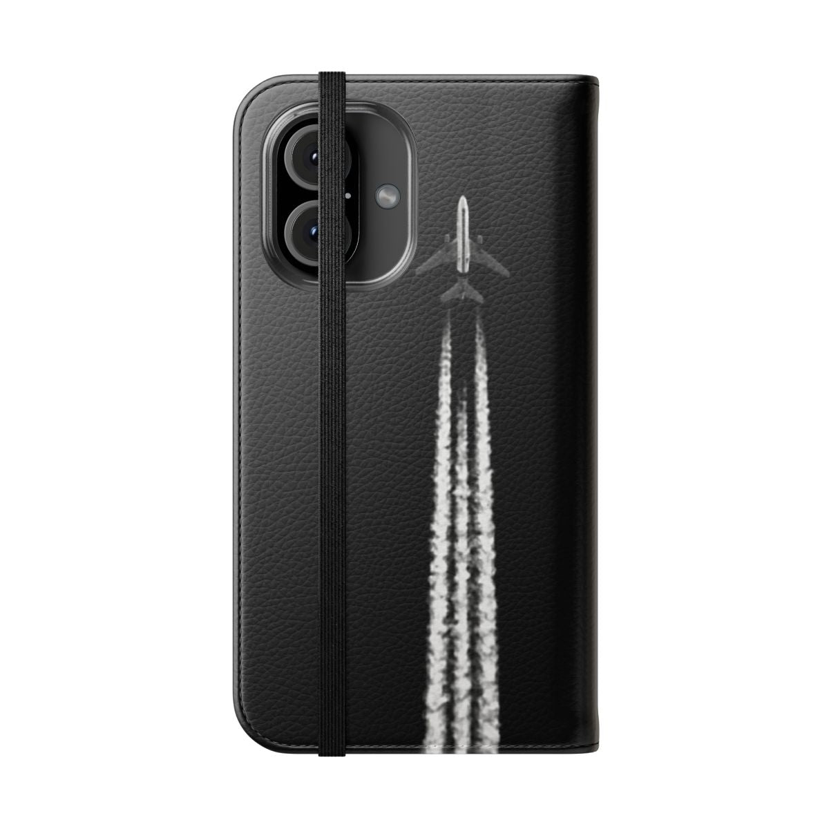 Minimalist phone case with a black and white design featuring a jet plane and contrails against a grey sky. - Folded Front