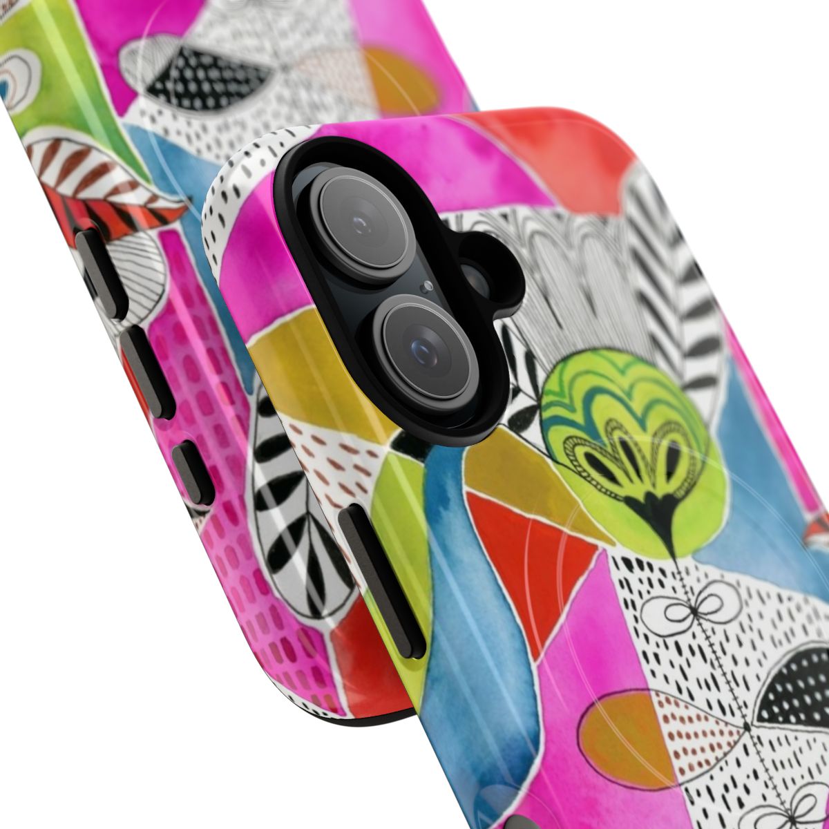 A colorful phone case featuring a watercolor tulip and geometric pattern in bright colors. - Detail